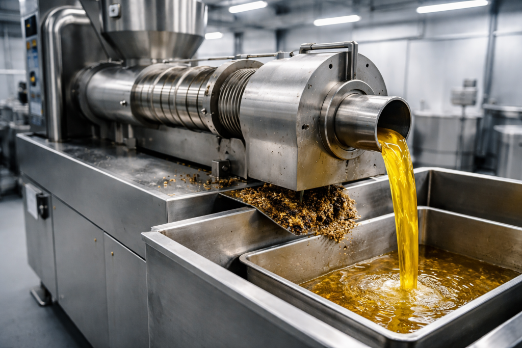 Presse à huile professionnelle en fonctionnement avec extraction d'huile