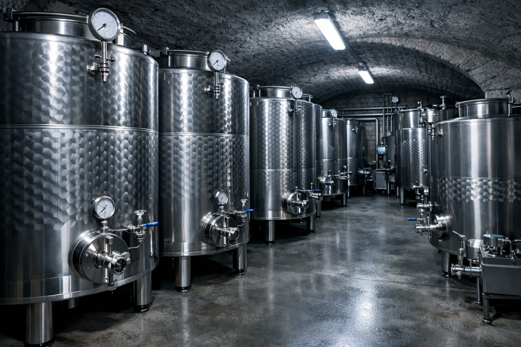 Cuves de stockage en inox pour huile vierge dans un local de conservation