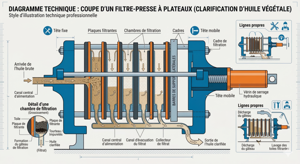 Schéma de fonctionnement d'un filtre-presse à plaques pour huile